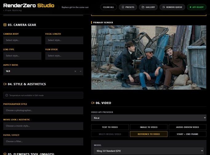 RenderZero Studio interface showing camera controls and AI-generated cinematic output